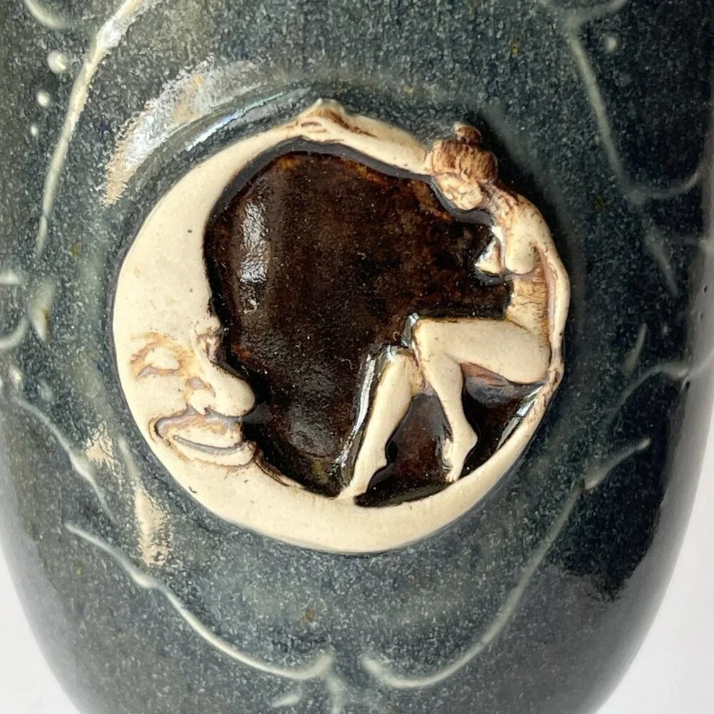 Art Pottery Chalice Goblet Celestial Nude Woman Sitting Crescent Moon Goddess